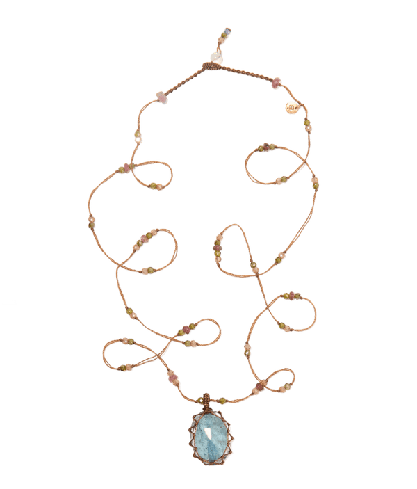 Sautoir Tibétain - Kyanite Aqua - Mix Tourmaline - Fil Tabac