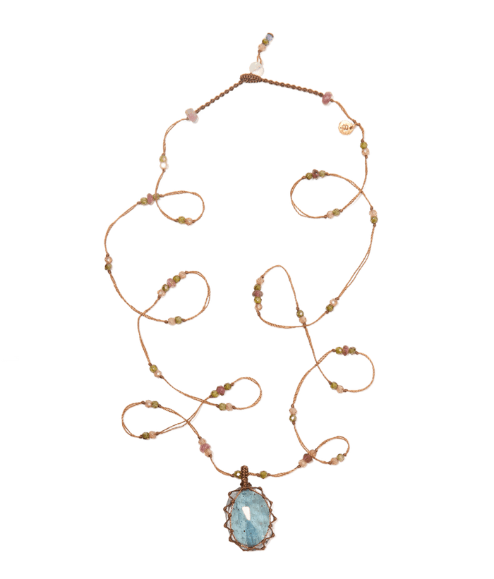 Collana Lunga Tibetano - Kyanite Aqua - Mix Tormalina - Fil Tabac