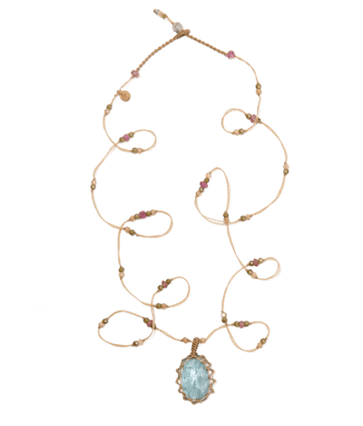 Sautoir Tibétain - Kyanit Aqua - Mix Turmalin - Beiger Faden