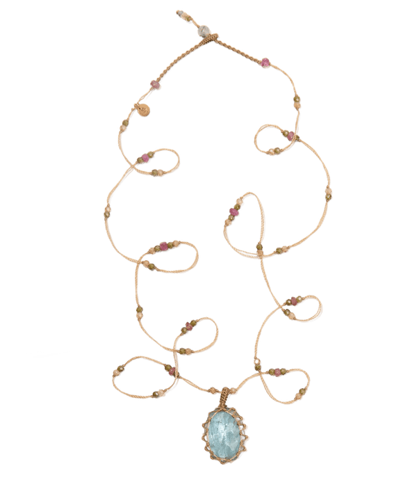 Sautoir Tibétain - Kyanite Aqua - Mix Tourmaline - Fil Beige
