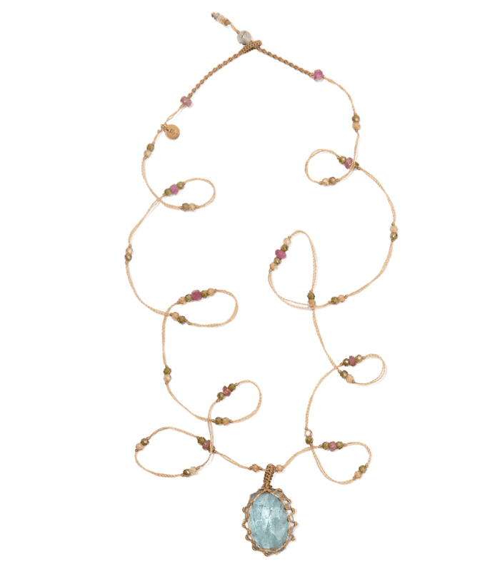 Collana Lunga Tibetano - Kyanite Aqua - Mix Tormalina - Fil Beige