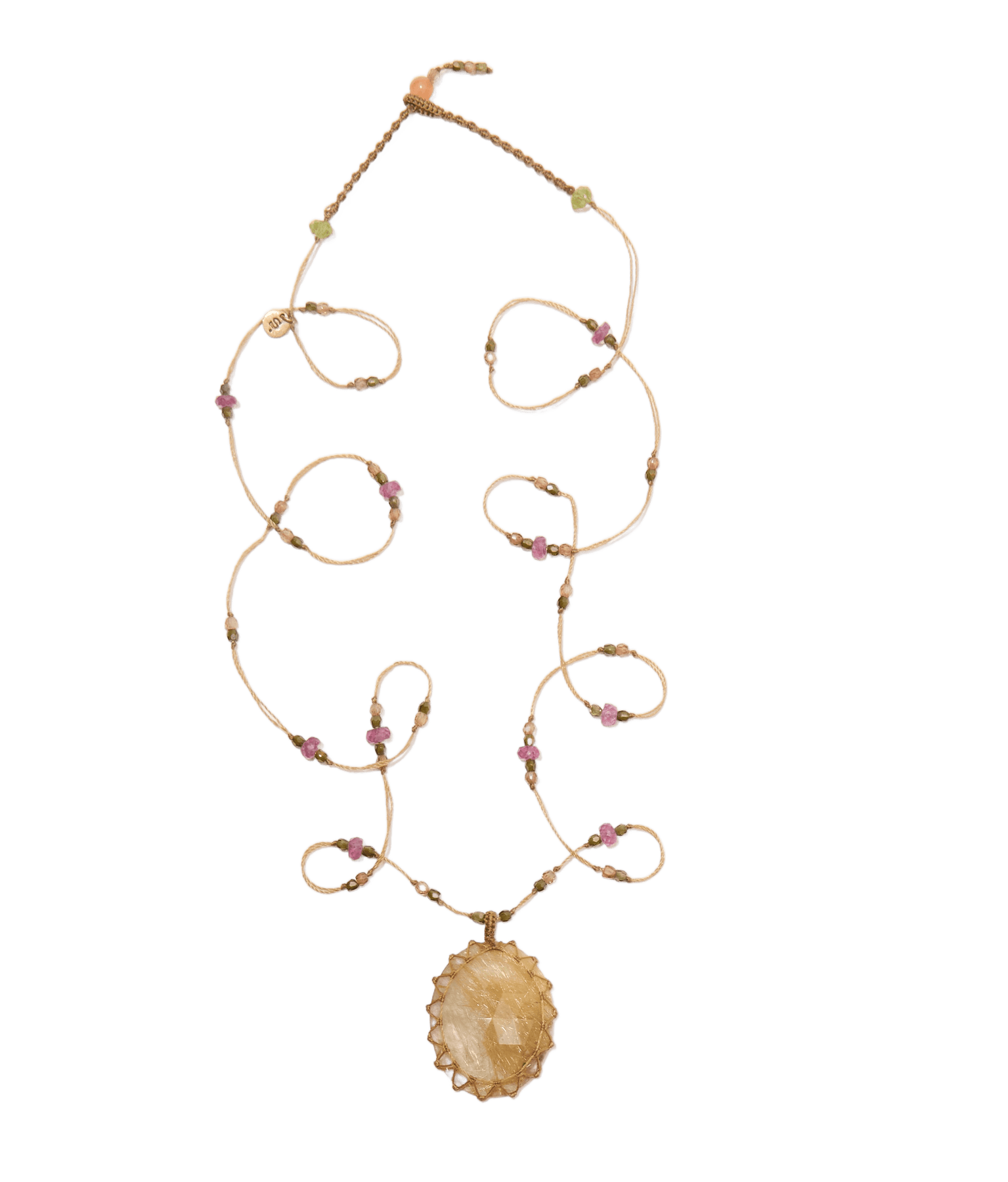 Tibetan Necklace - Rutilated Quartz Gold - Mix of Pink Tourmaline - Beige Thread