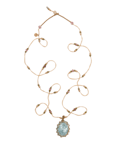 Sautoir Tibétain - Kyanit Aqua - Mix Turmalin - Beige Faden
