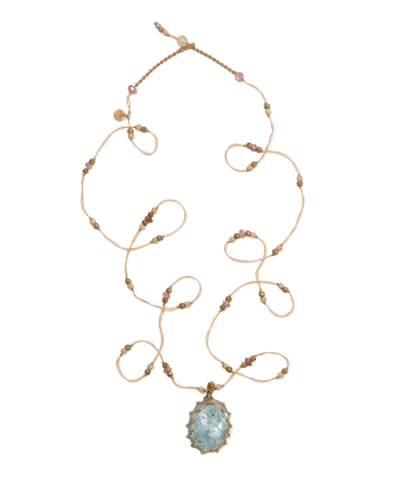 Sautoir Tibétain - Kyanite Aqua - Mix Tourmaline - Fil Beige