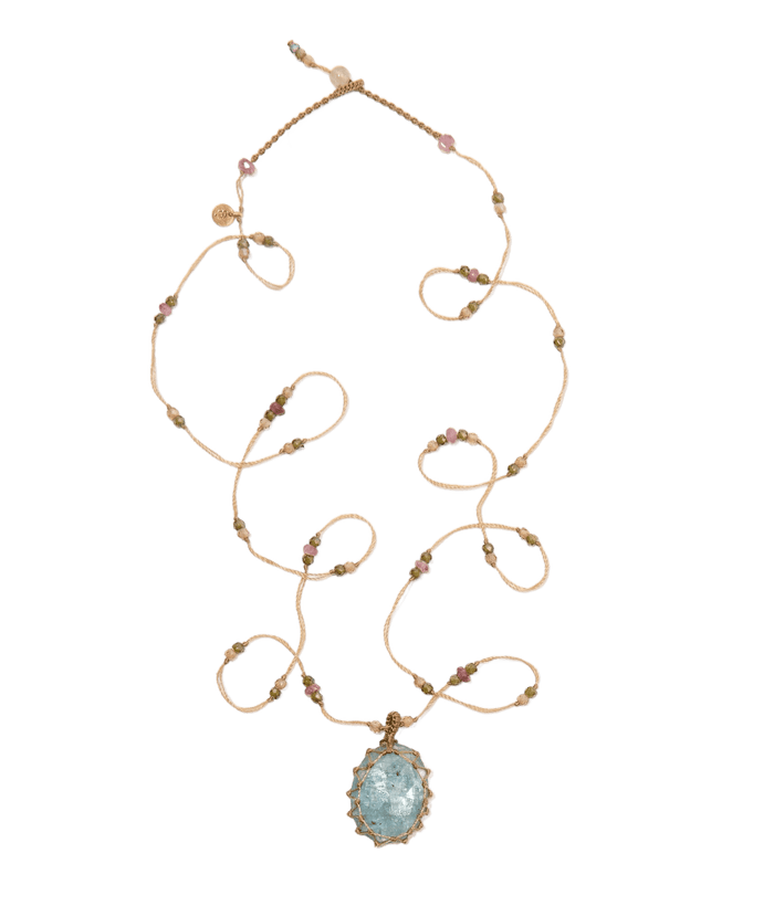 Sautoir Tibétain - Kyanit Aqua - Mix Turmalin - Beige Faden