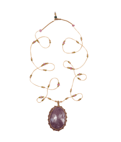 Long Tibetan Necklace - Natural Indian Ruby - Mixed Tourmaline - Beige Thread