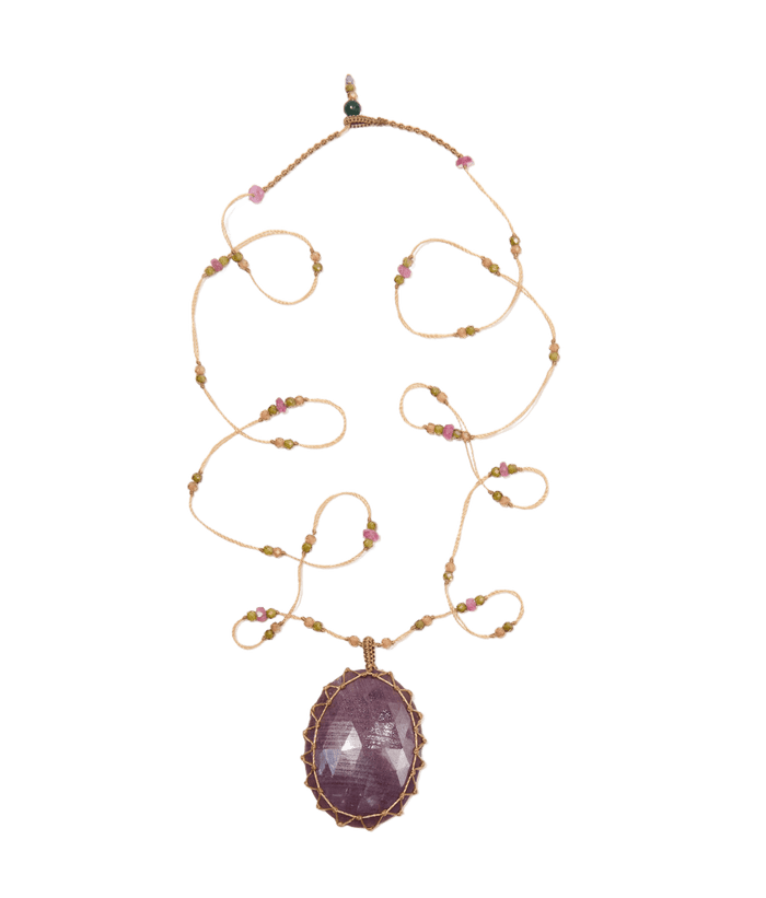 Sautoir Tibétain - Rubis Indien Naturel - Mix Tourmaline - Fil Beige