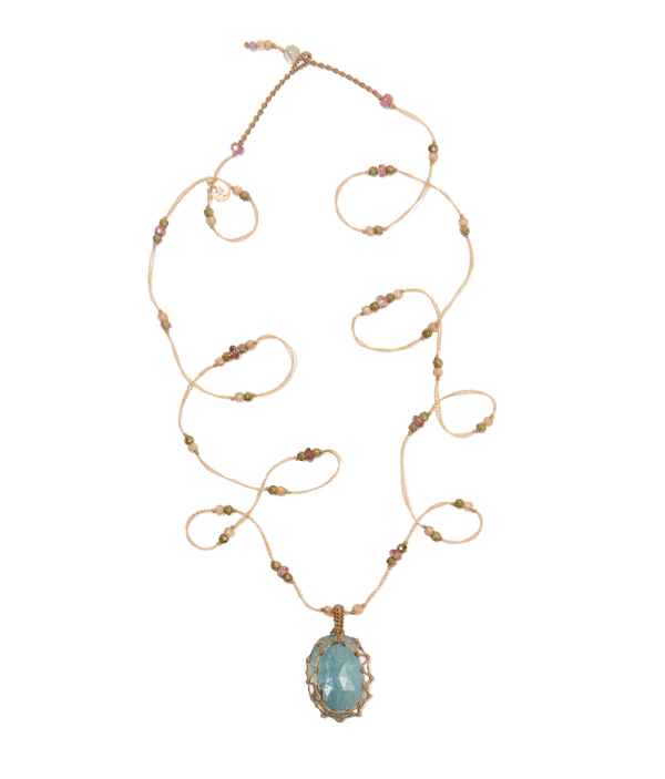 Sautoir Tibétain - Kyanite Aqua - Mix Tourmaline - Fil Beige