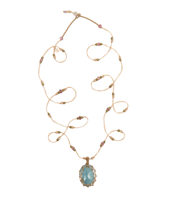 Sautoir Tibétain - Kyanit Aqua - Mix Turmalin - Beige Faden
