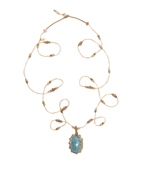 Sautoir Tibétain - Kyanite Bleue - Mix Tourmaline - Fil Beige