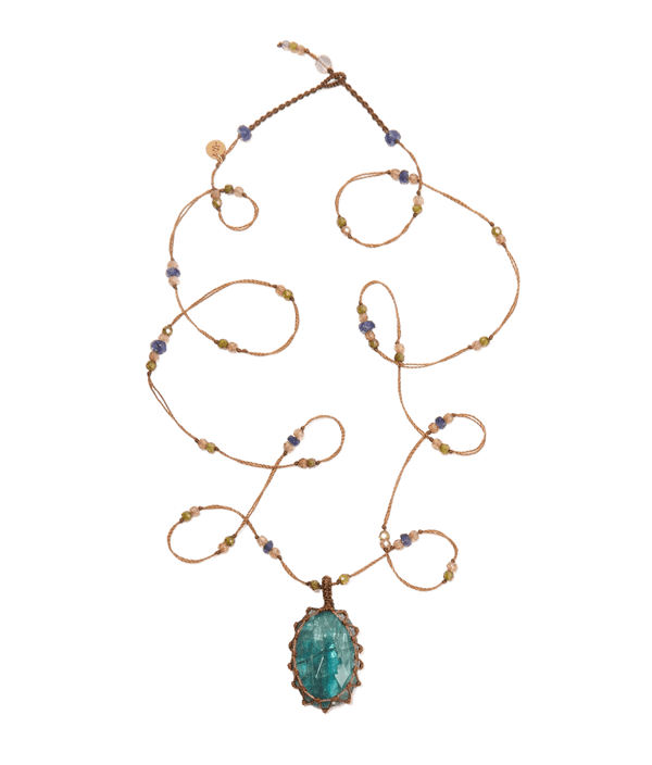 Sautoir Tibétain - Kyanite Teal Bleue - Mix Saphir - Fil Tabac