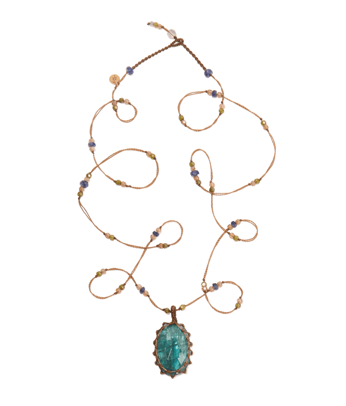 Collana corta tibetana così preziosa - Cianite - Mix di Tormalina Rosa - Filo Beige
