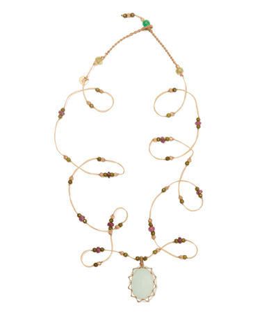 Sautoir Tibétain  - Calcédoine Bleue - Mix Tourmaline - Fil Beige