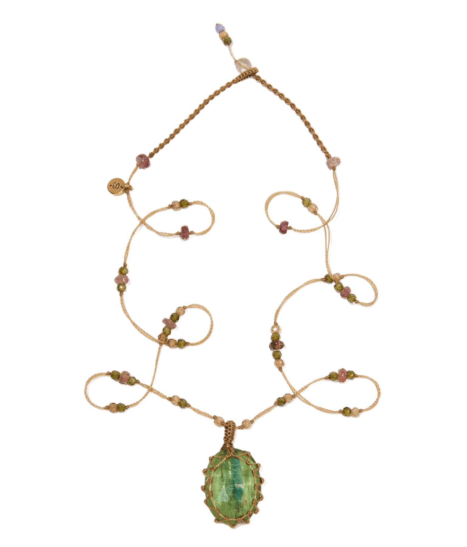 Short Tibetan Necklace - Mint Kyanite - Rose Tourmaline Mix - Beige Thread