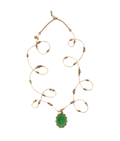 Sautoir Tibétain - Strawberry Quartz Vert - Mix Tourmaline - Fil Beige