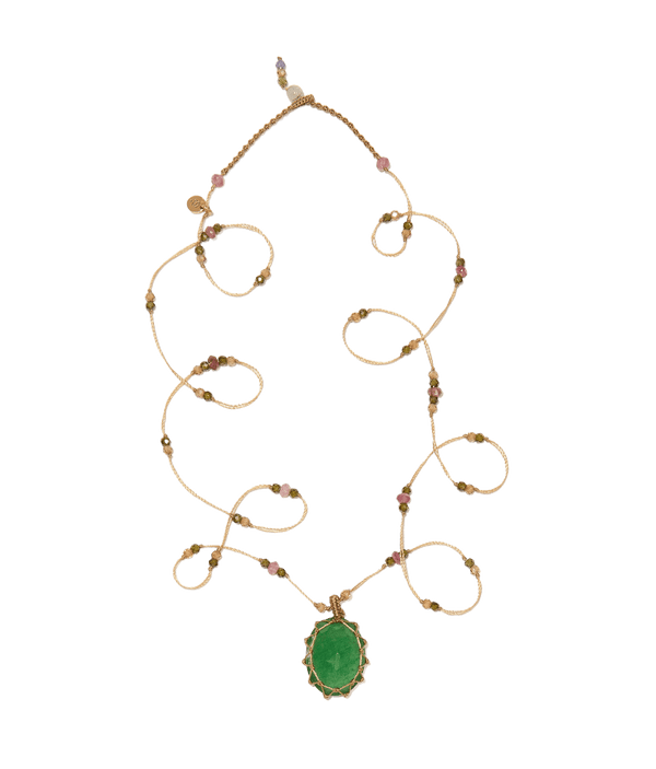 Sautoir Tibétain - Strawberry Quartz Vert - Mix Tourmaline - Fil Beige