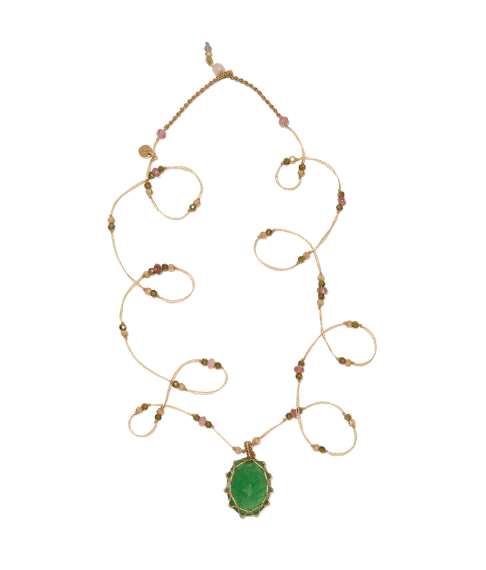 Sautoir Tibétain - Strawberry Quartz Vert - Mix Tourmaline - Fil Beige