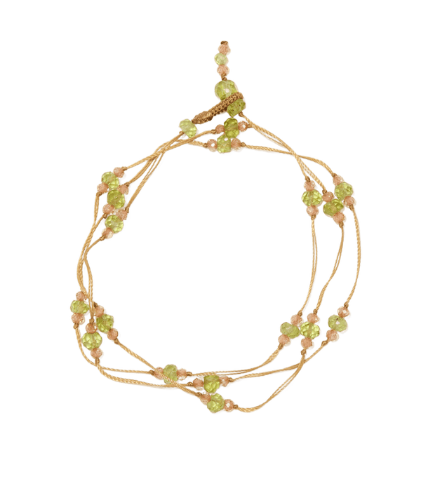 Collier & Bracelet Loopy Duo - Péridot & Champagne - Fil Beige