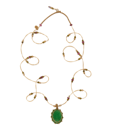 Sautoir Tibétain - Strawberry Quartz Vert - Mix Tourmaline - Fil Beige