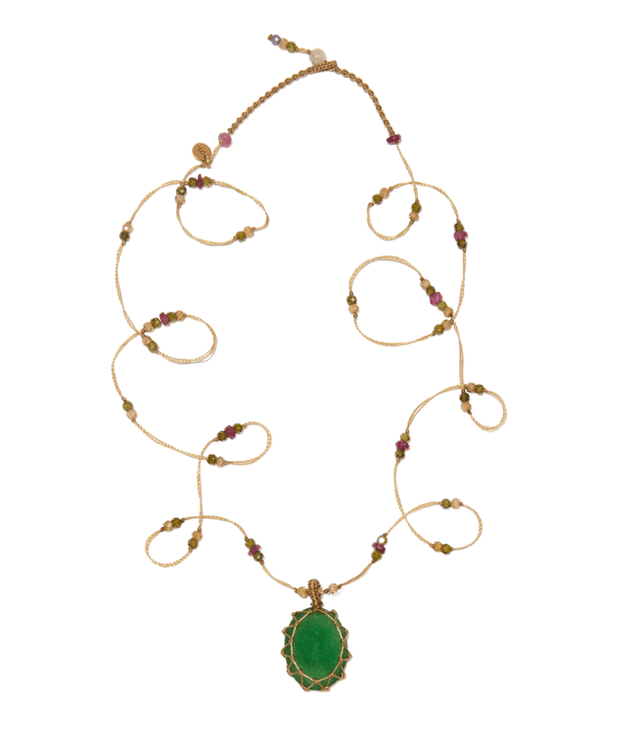 Collana Lunga Tibetana - Quarzo Fragola Verde - Mix Multi Pietre - Filo Tabacco