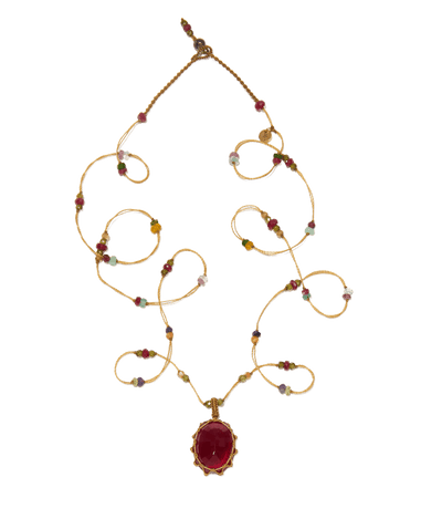 Sautoir Tibétain - Red Corundum Glassfilled - Multi Pierres - Fil Beige