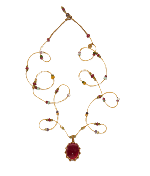 Sautoir Tibétain - Red Corundum Glassfilled - Multi Pierres - Fil Beige
