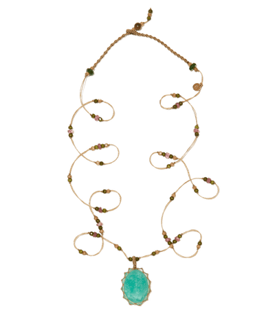 Collana tibetana corta - Amazzonite blu - Mix Tsavorite - Filo di tabacco