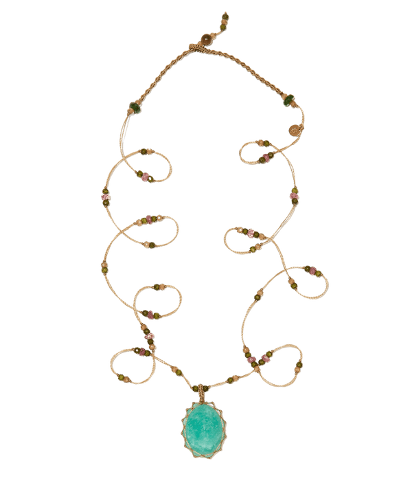 Sautoir Tibétain - Amazonite Bleue - Mix Tourmaline - Fil Beige