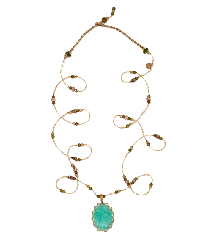 Collana tibetana corta - Amazzonite blu - Mix Tsavorite - Filo di tabacco