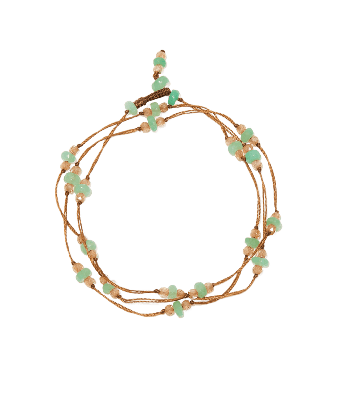 Halskette & Armband Loopy Duo - Chrysopras & Champagne - Tabakfarbenes Garn