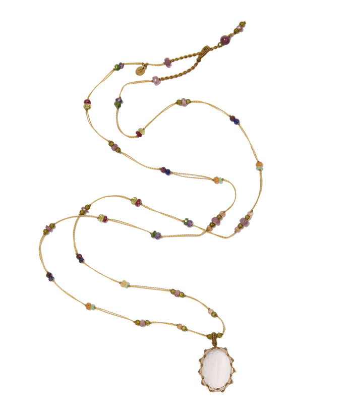 Collier Court Tibétain - Quartz Rose - Mix Multipierre - Fil Beige