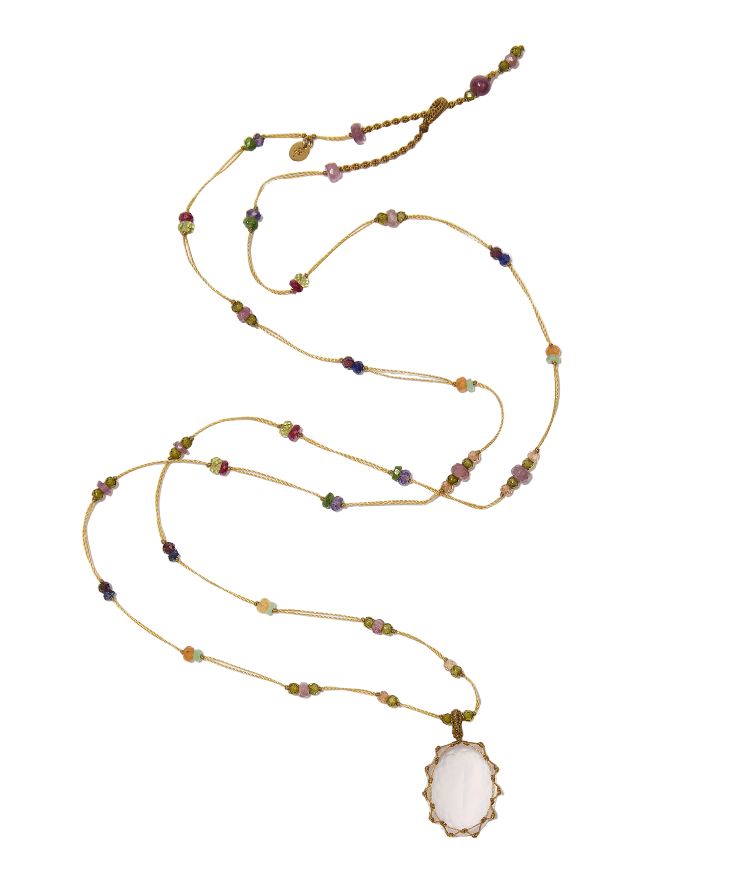 Collier Court Tibétain - Quartz Rose - Mix Multipierre - Fil Beige
