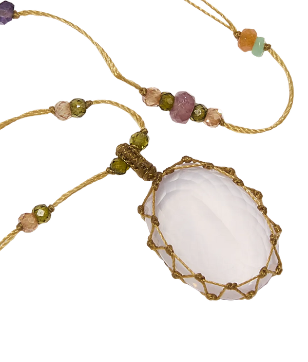 Collier Court Tibétain - Quartz Rose - Mix Multipierre - Fil Beige