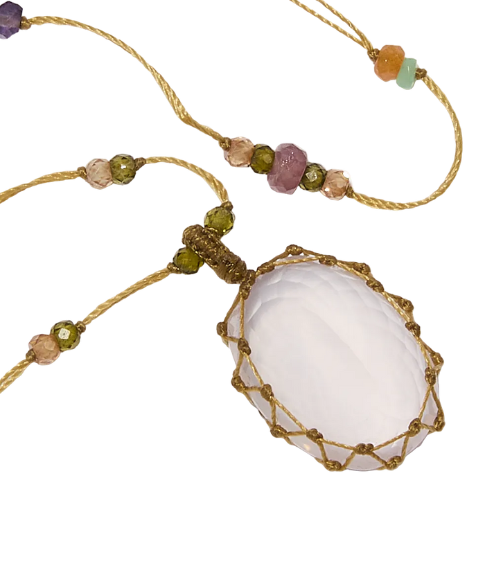 Collier Court Tibétain - Quartz Rose - Mix Multipierre - Fil Beige
