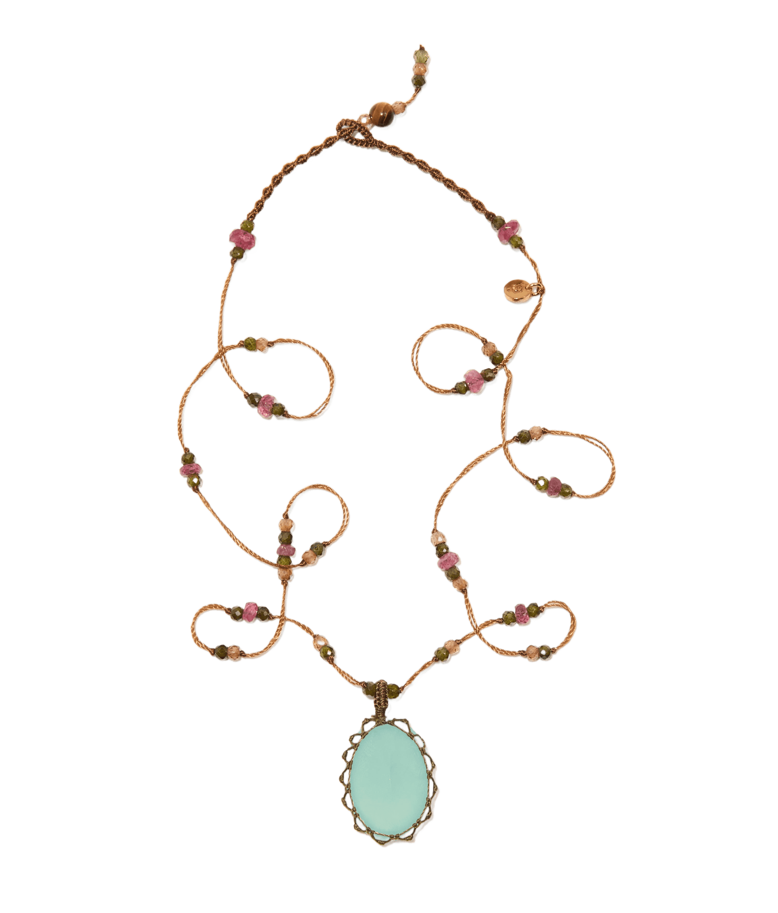 Collier Court Tibétain - Calcédoine Bleue - Mix Tourmaline - Fil Tabac
