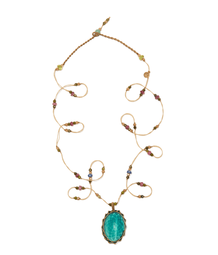 Collana Lunga Tibetana - Fluorite Blu - Tsavorite Mix - Filo Beige