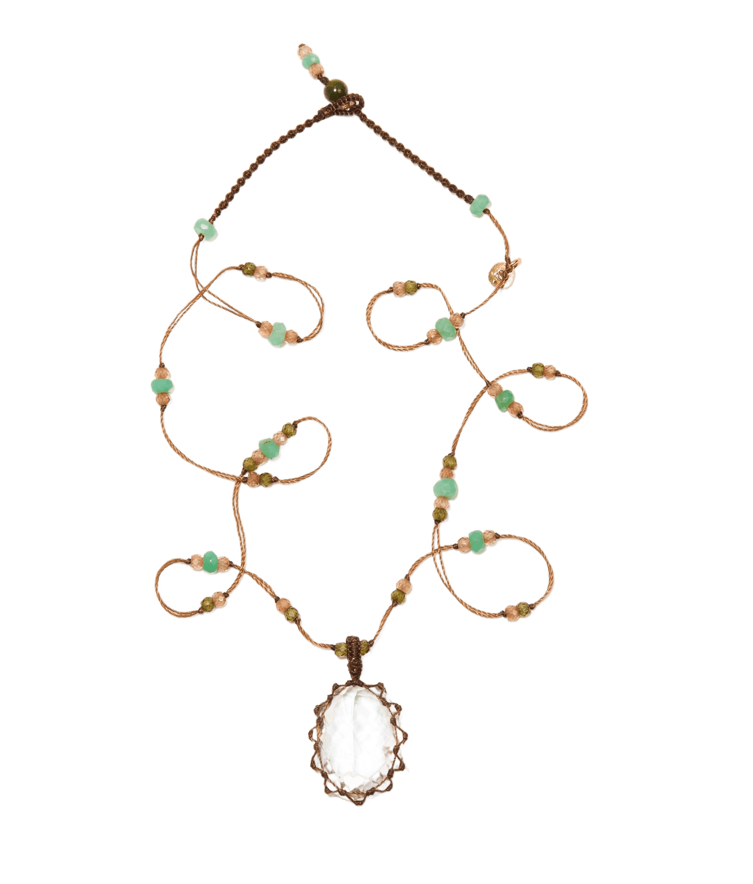 Collier Court Tibétain - Crystal Quartz - Mix Chrysoprase - Fil Tabac