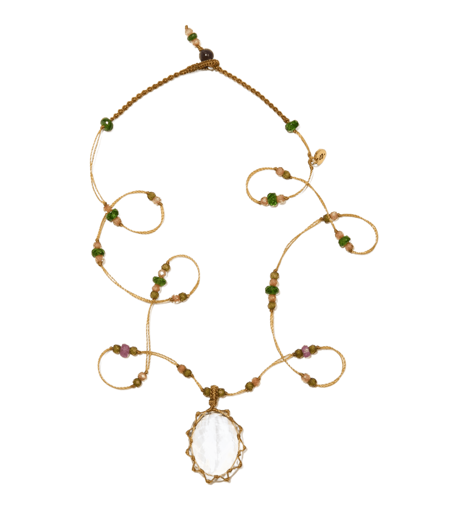 Collier Court Tibétain - Crystal Quartz - Mix Tsavorite - Fil Beige