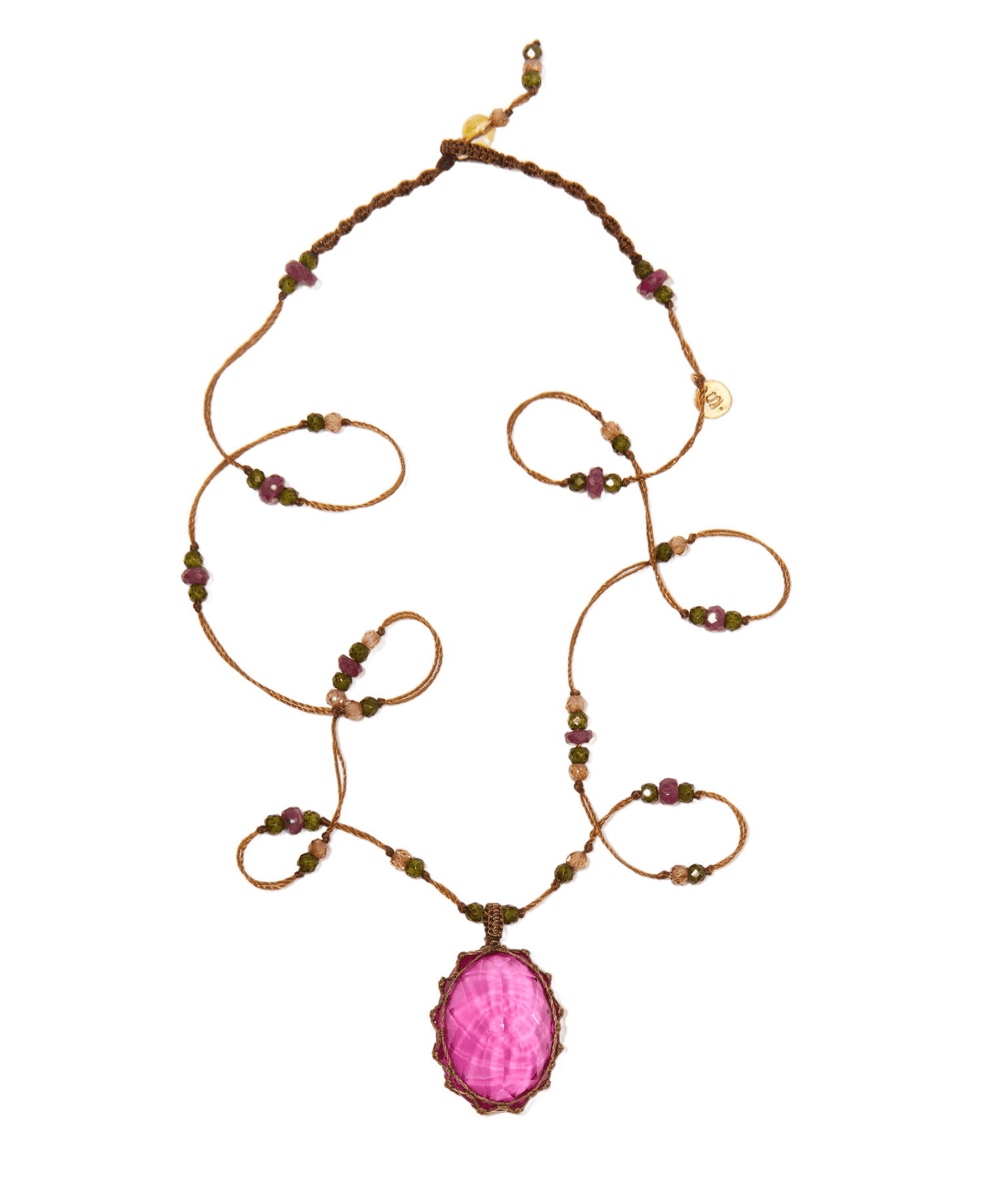 Collier Court Tibétain - Indian Glass Rose - Mix Tourmaline Rose - Fil Tabac