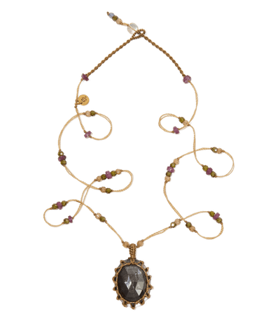 Tibetan Short Necklace - Dark Corundum - Mixed Tourmaline - Beige Thread