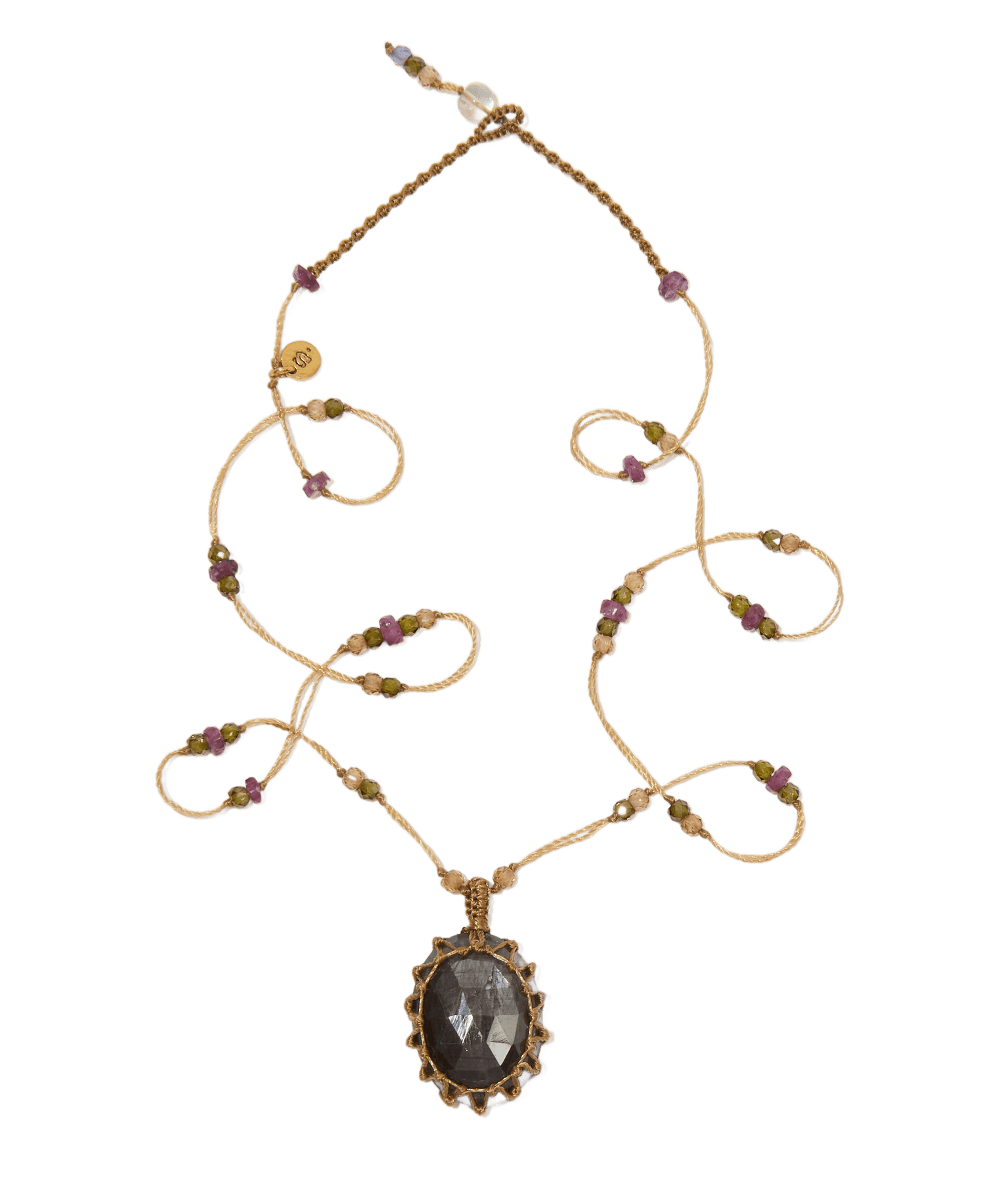Collier Court Tibétain - Corundum Dark - Mix Tourmaline - Fil Beige