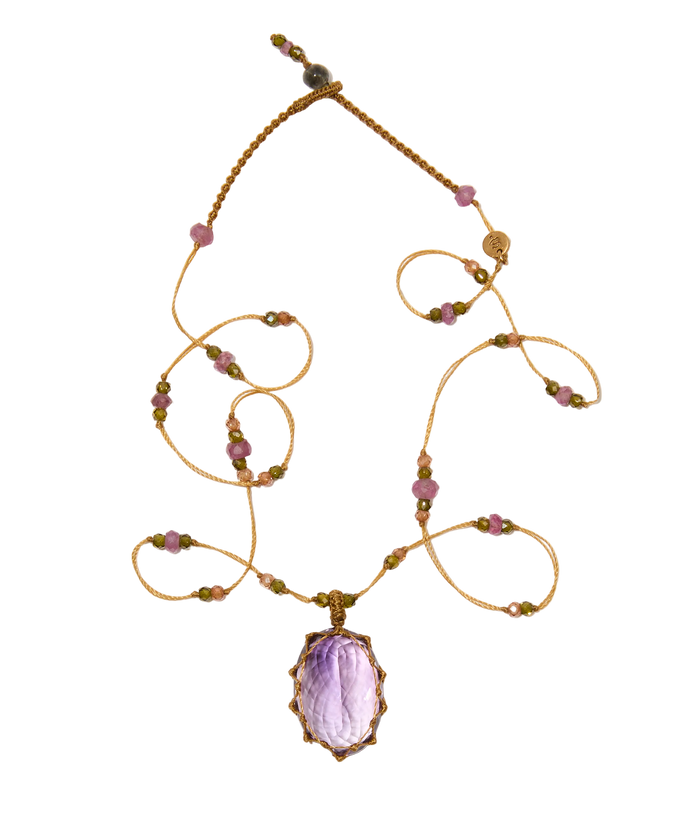Collier Court Tibétain - Améthyste Violette - Mix Tourmaline - Fil Beige