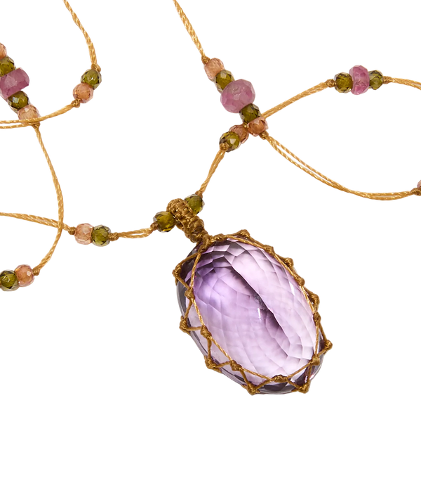 Collier Court Tibétain - Améthyste Violette - Mix Tourmaline - Fil Beige