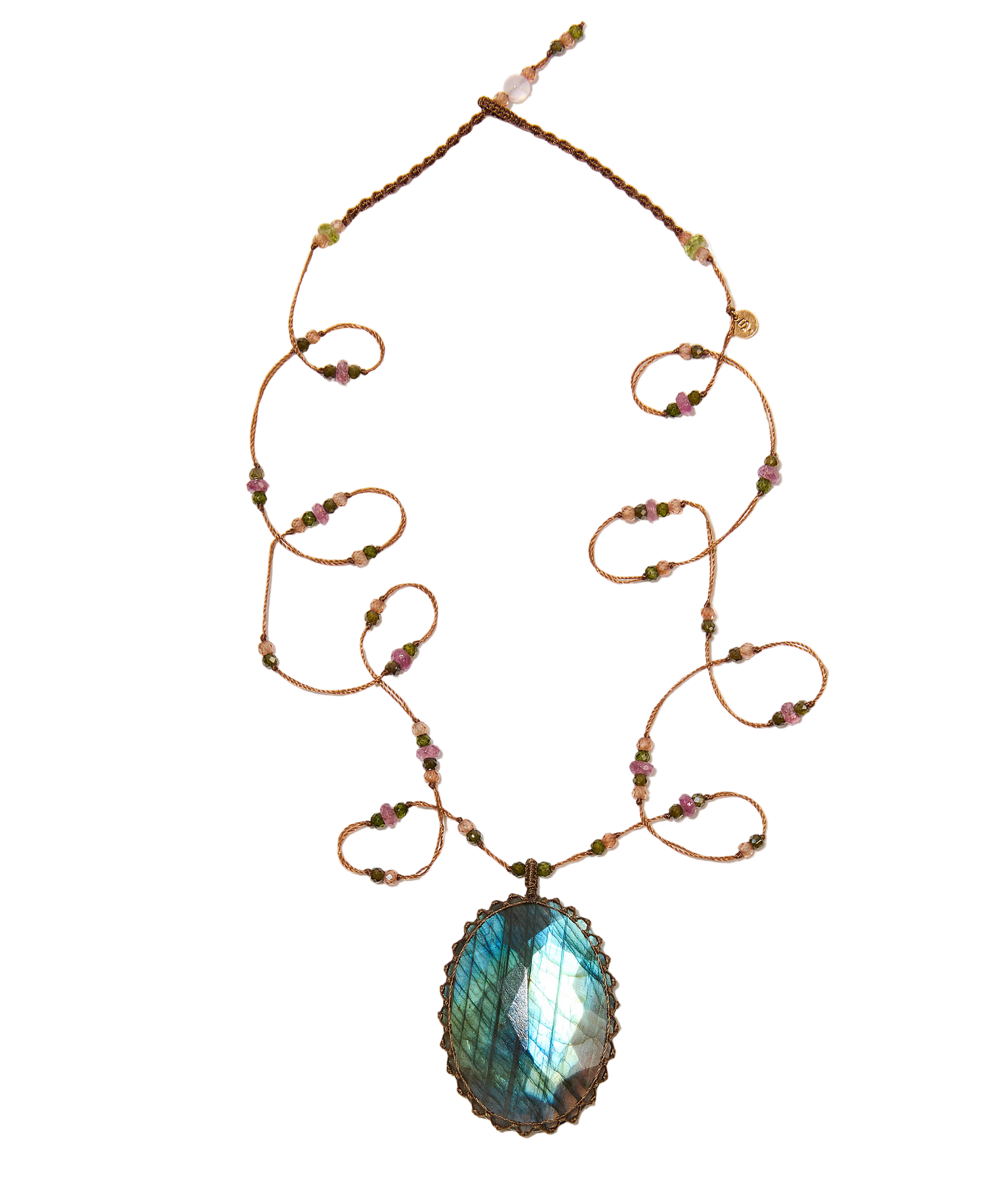 Sautoir Tibétain - Labradorit Feuerblau - Mix Turmalin - Tabakfarbenes Band