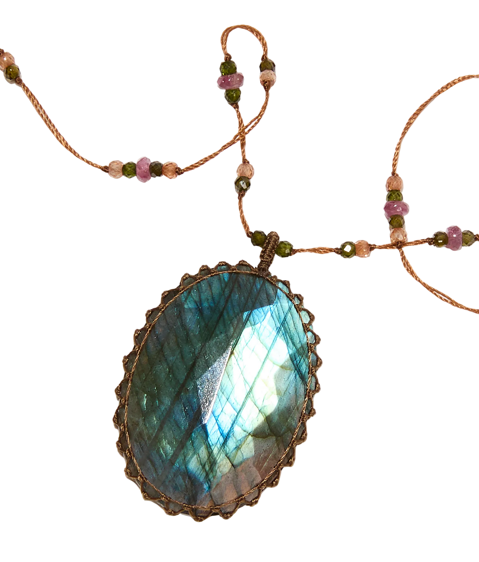 Sautoir Tibétain - Labradorit Feuerblau - Mix Turmalin - Tabakfarbenes Band