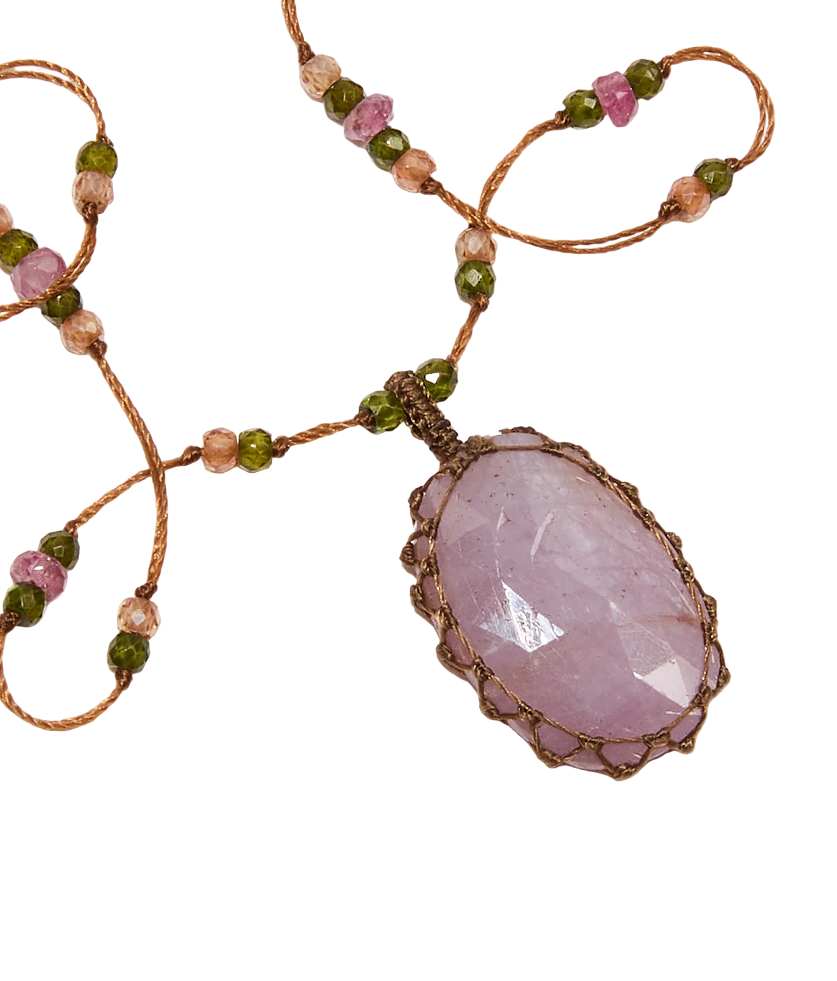 Short Tibetan Necklace - Cabochon Sapphire - Mixed Tourmaline - Tobacco-Brown Cord