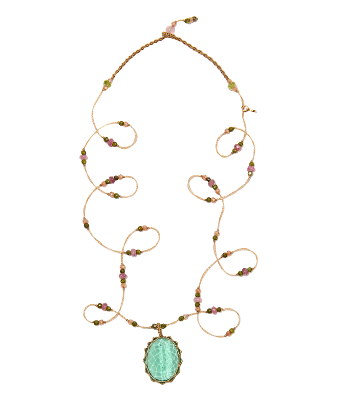 Collana corta tibetana - Fluorite blu - Mix di smeraldi - Filo beige