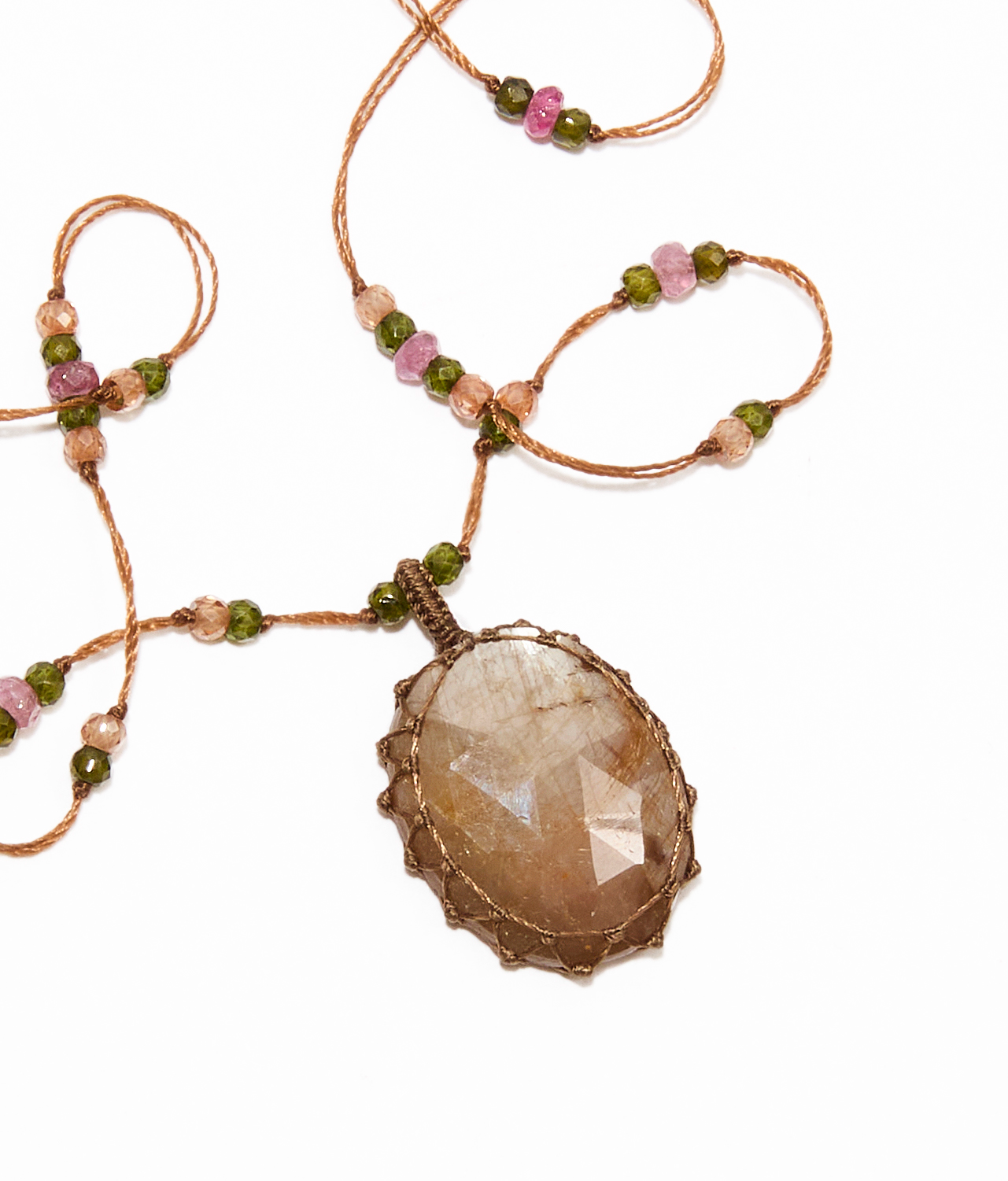 Collier Court Tibétain - Corundum - Mix Tourmaline - Fil Tabac