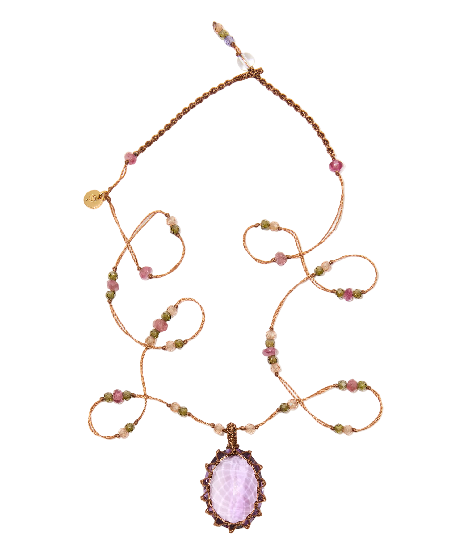 Collier Court Tibétain - Améthyste Violette - Mix Tourmaline - Fil Tabac