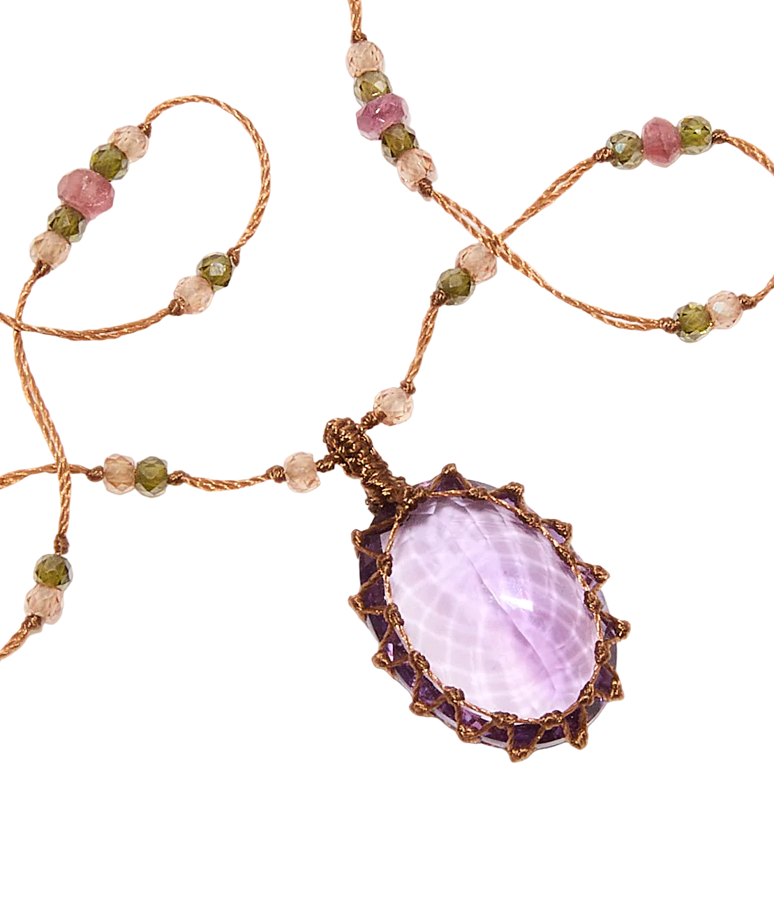 Short Tibetan Necklace - Dark Purple Amethyst - Tourmaline Mix - Tobacco Thread